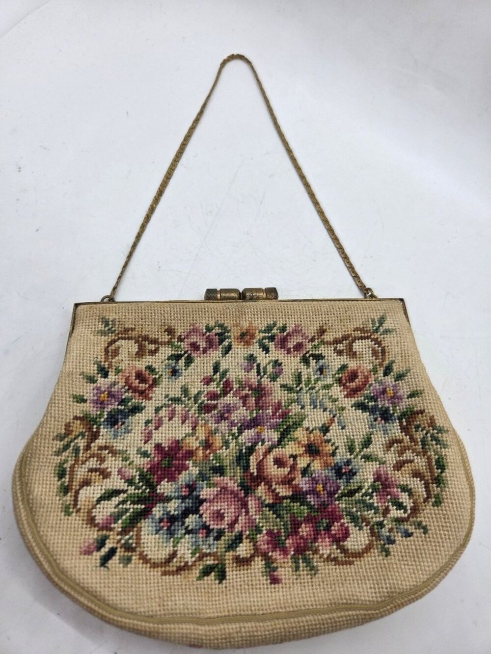 Antiq Jolle Original Floral Petie Point Needlepoint Clutch Purse Austria